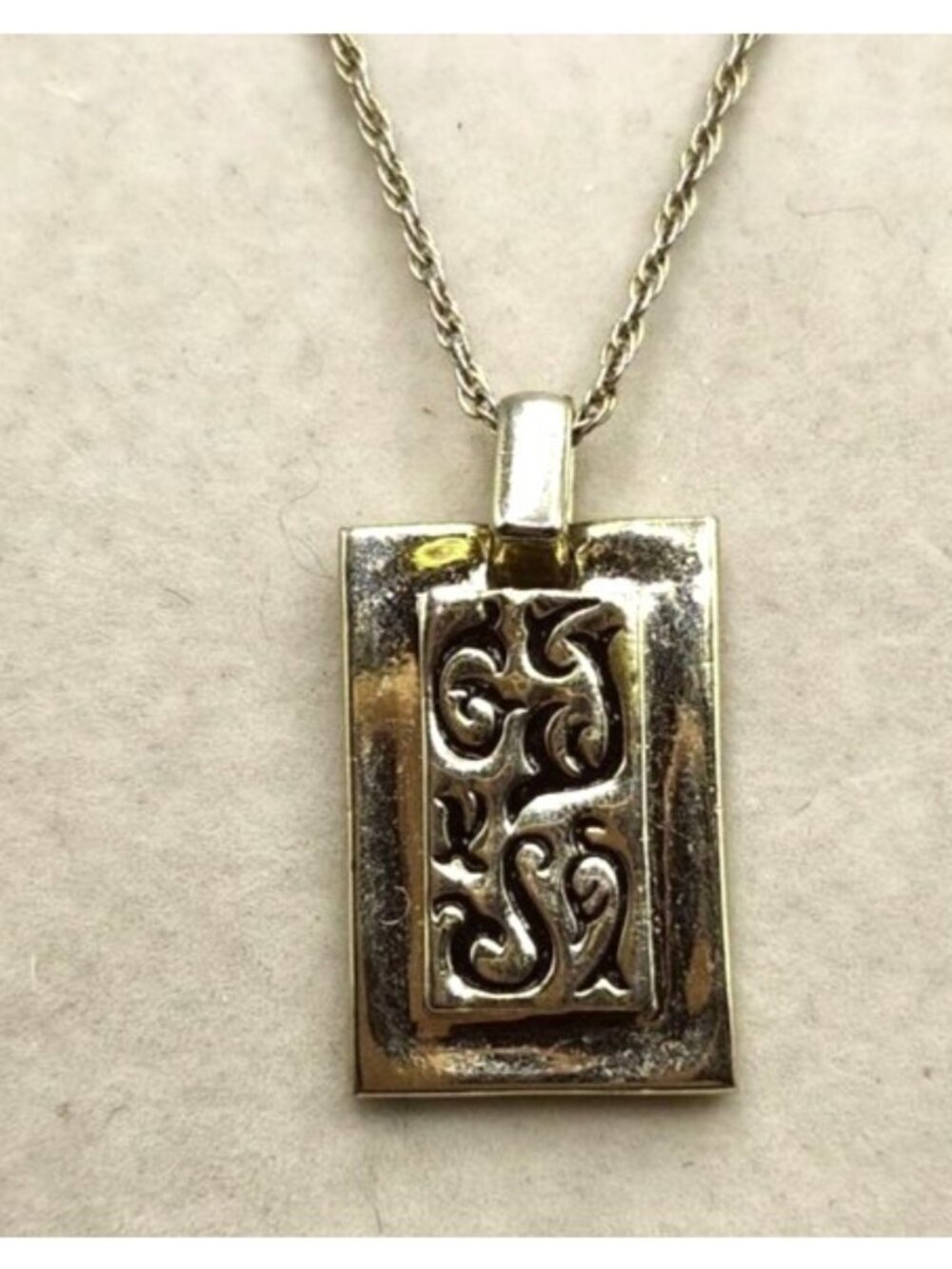 Gold-Tone Pendant Necklace With Ornate Rectangular Design Chain Included